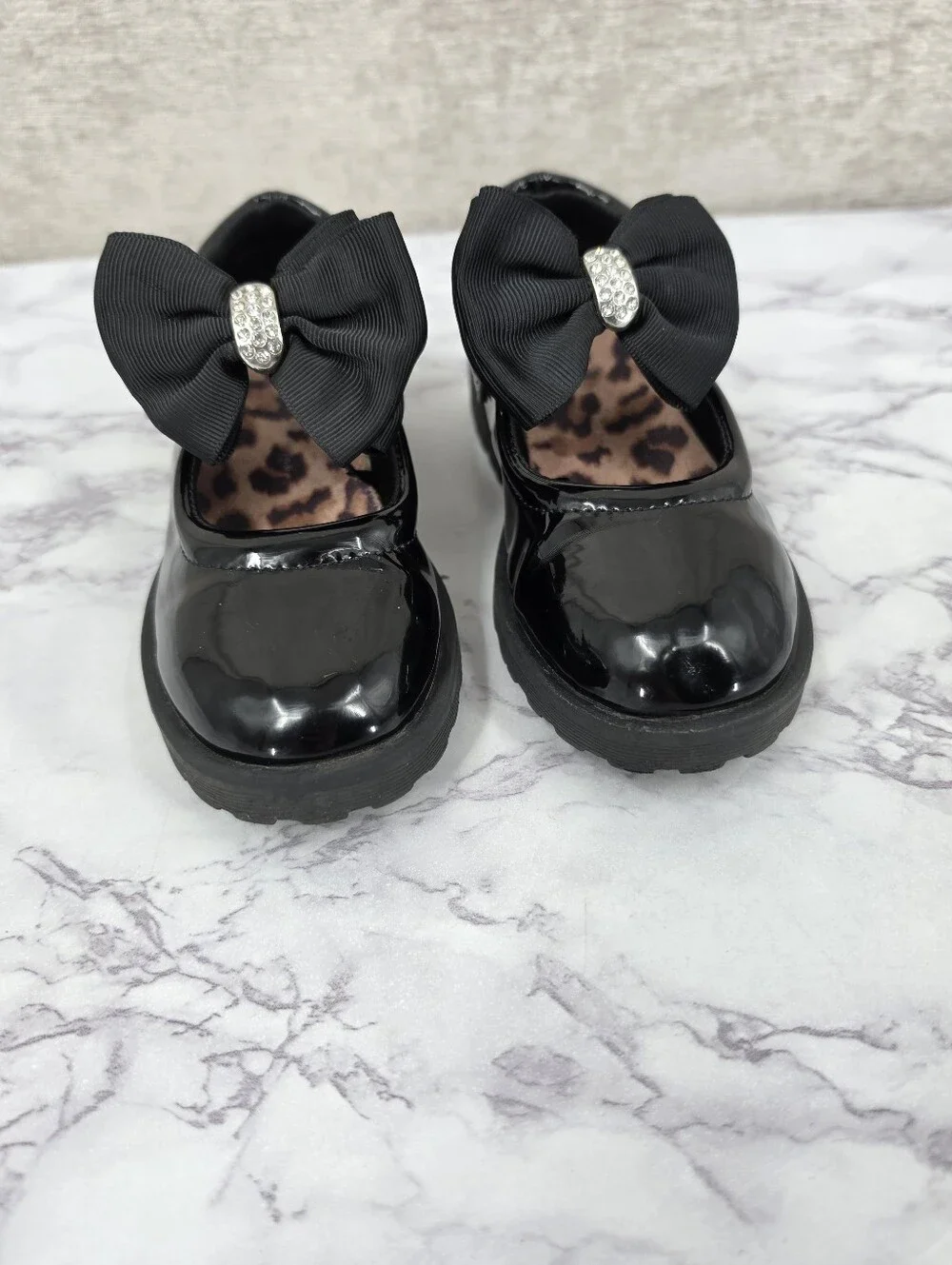 Girls Black Patent Bow Mary Jane Shoes Rhinestone Shoe Clips